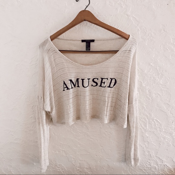 Forever 21 Tops - Forever 21 ‘Amused’ tan black crop top long sleeve